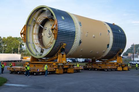 NASA space transport hardware (nasa.gov/Fred Deaton - 2019.07.09). Liquid oxygen (LOX) tank was moved from Pegasus barge to the west test area for placement in test stand.